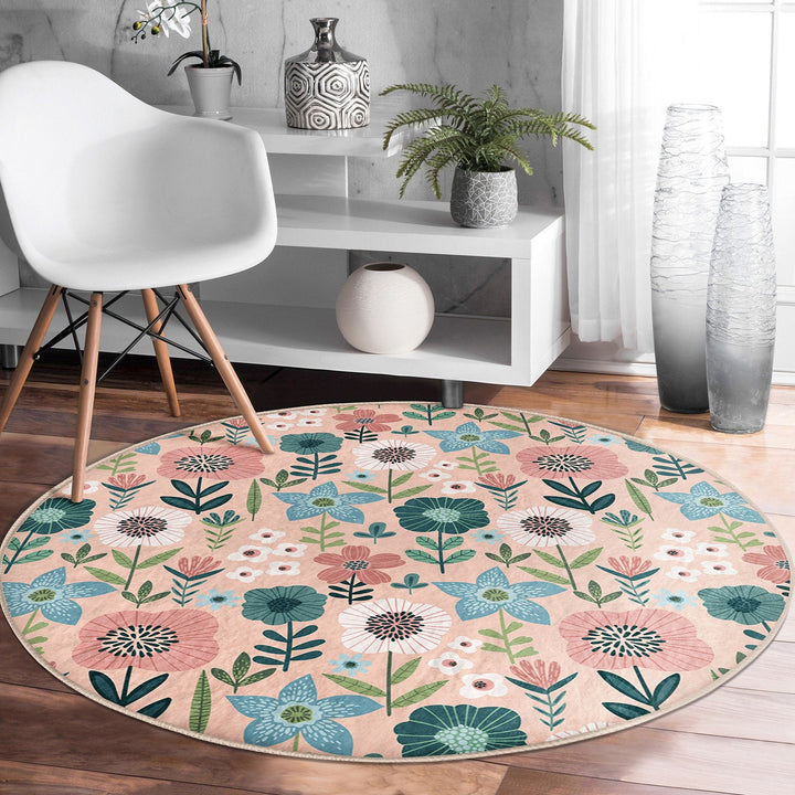 Abstract Floral Round Rug|Non-Slip Round Carpet|Flower Print Circle Carpet|Minimalist Area Rug|Floral Home Decor|Decorative Anti-Slip Mat