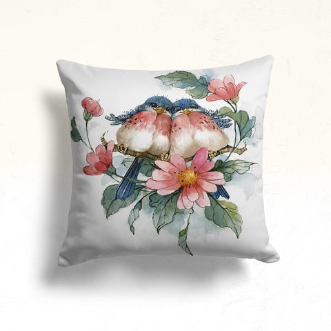 Floral Bird Pillow Case|Bird and Flower Pillowcase|Pink and White Rose Print Cushion Cover|Housewarming Decor|Farmhouse Porch Cushion Case