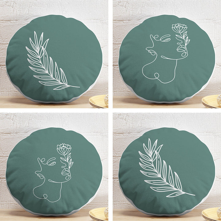Set of 4 Onedraw Round Pillow Case|Leaf and Woman Face Print Circle Pillow Cover|Decorative Abstract Line Art Pillow|Outdoor Cushion Cover