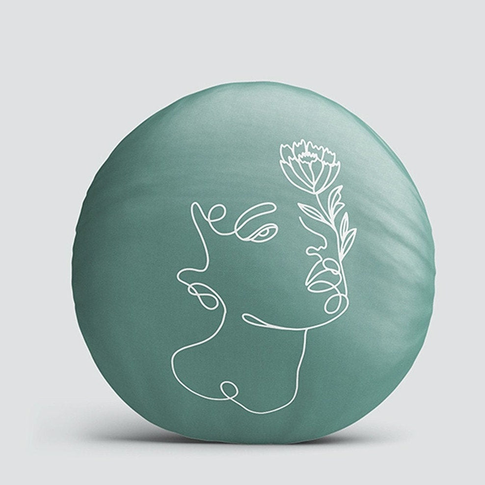 Set of 4 Onedraw Round Pillow Case|Leaf and Woman Face Print Circle Pillow Cover|Decorative Abstract Line Art Pillow|Outdoor Cushion Cover