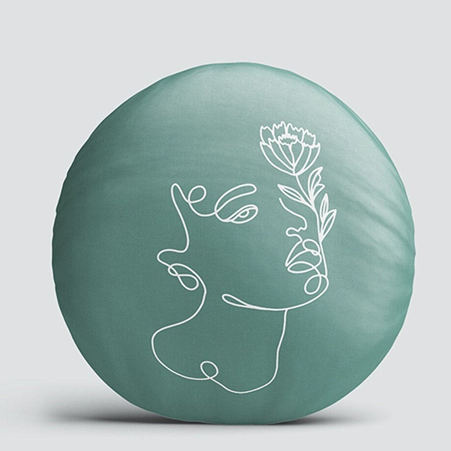 Set of 4 Onedraw Round Pillow Case|Leaf and Woman Face Print Circle Pillow Cover|Decorative Abstract Line Art Pillow|Outdoor Cushion Cover