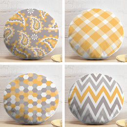 Set of 4 Geometric Round Pillow Case|Yellow Gray Circle Pillow Cover|Decorative Plaid and Zigzag Pattern Pillowtop|Outdoor Round Cushion
