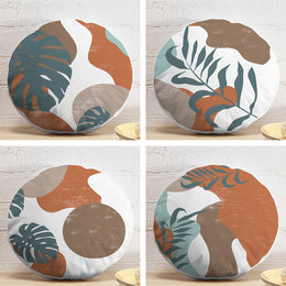 Set of 4 Abstract Round Pillow Case|Leaf Print Circle Pillow Cover|Decorative Abstract Tropical Leaves Pillowtop|Outdoor Round Cushion Cover