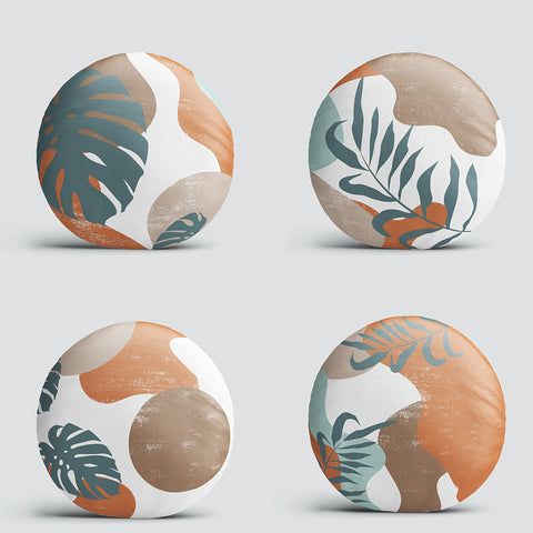 Set of 4 Abstract Round Pillow Case|Leaf Print Circle Pillow Cover|Decorative Abstract Tropical Leaves Pillowtop|Outdoor Round Cushion Cover