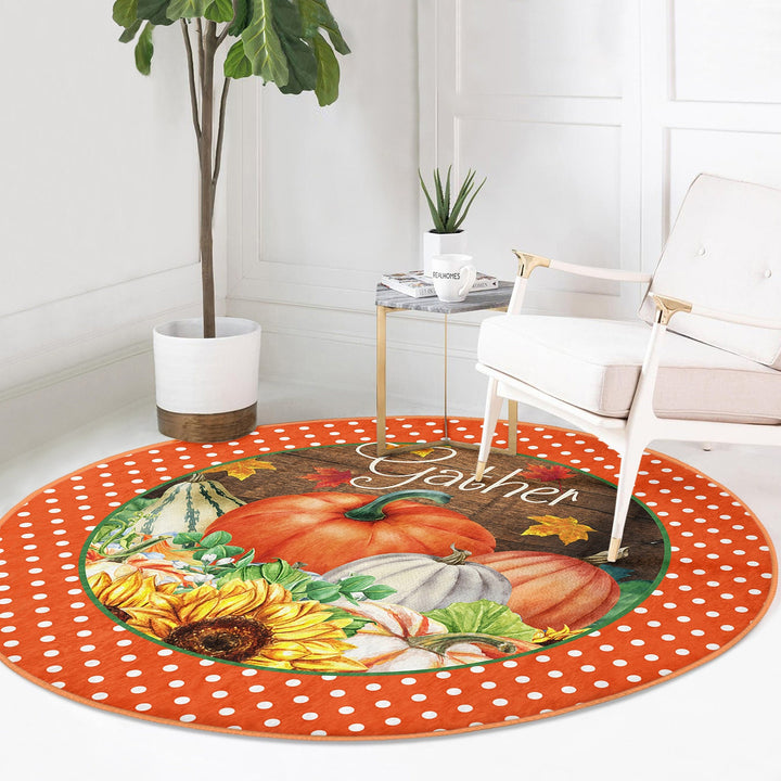 Thanksgiving Round Rug|Non-Slip Round Carpet|Floral Orange Green Gray Pumpkin Circle Rug|Gather Print Rug|Housewarming Autumn Floor Decor