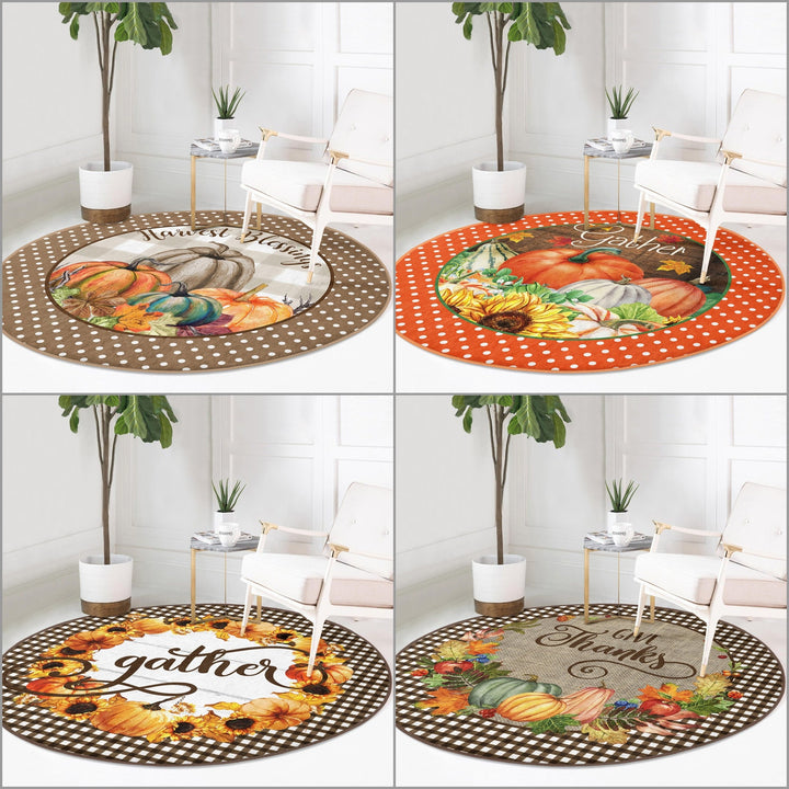 Thanksgiving Round Rug|Non-Slip Round Carpet|Floral Orange Green Gray Pumpkin Circle Rug|Gather Print Rug|Housewarming Autumn Floor Decor