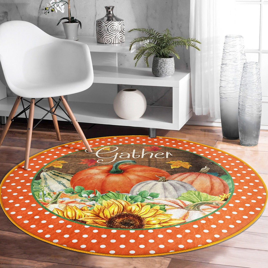 Thanksgiving Round Rug|Non-Slip Round Carpet|Floral Orange Green Gray Pumpkin Circle Rug|Gather Print Rug|Housewarming Autumn Floor Decor