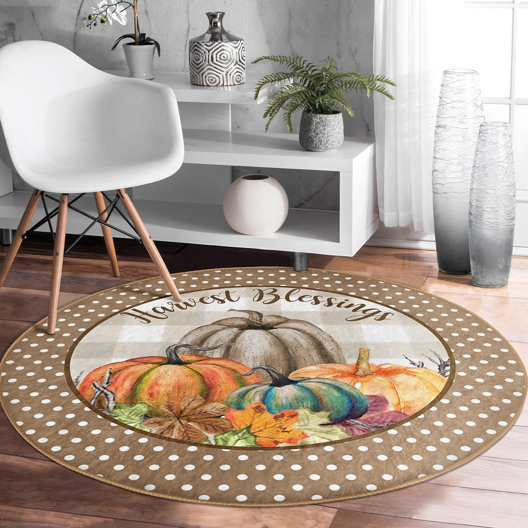 Thanksgiving Round Rug|Non-Slip Round Carpet|Floral Orange Green Gray Pumpkin Circle Rug|Gather Print Rug|Housewarming Autumn Floor Decor