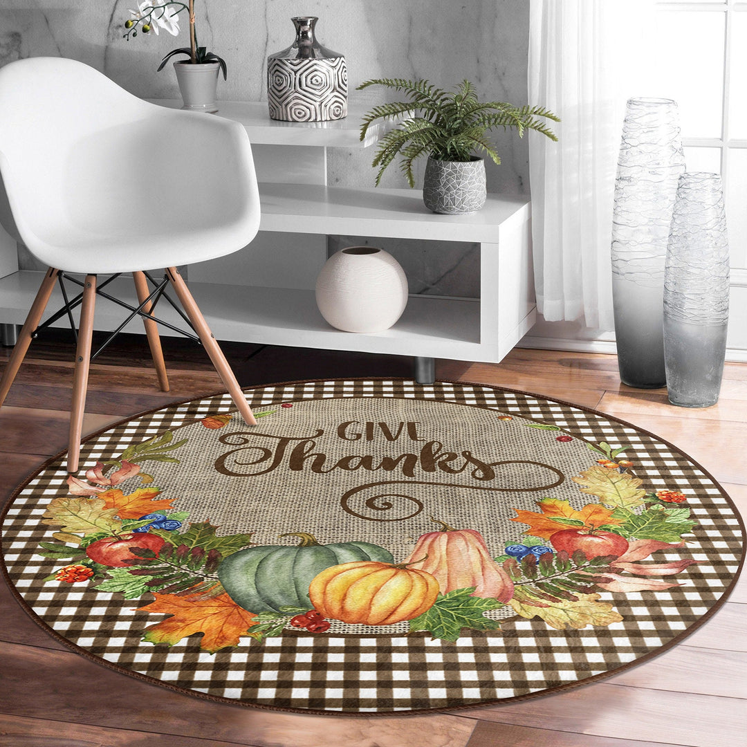 Thanksgiving Round Rug|Non-Slip Round Carpet|Floral Orange Green Gray Pumpkin Circle Rug|Gather Print Rug|Housewarming Autumn Floor Decor