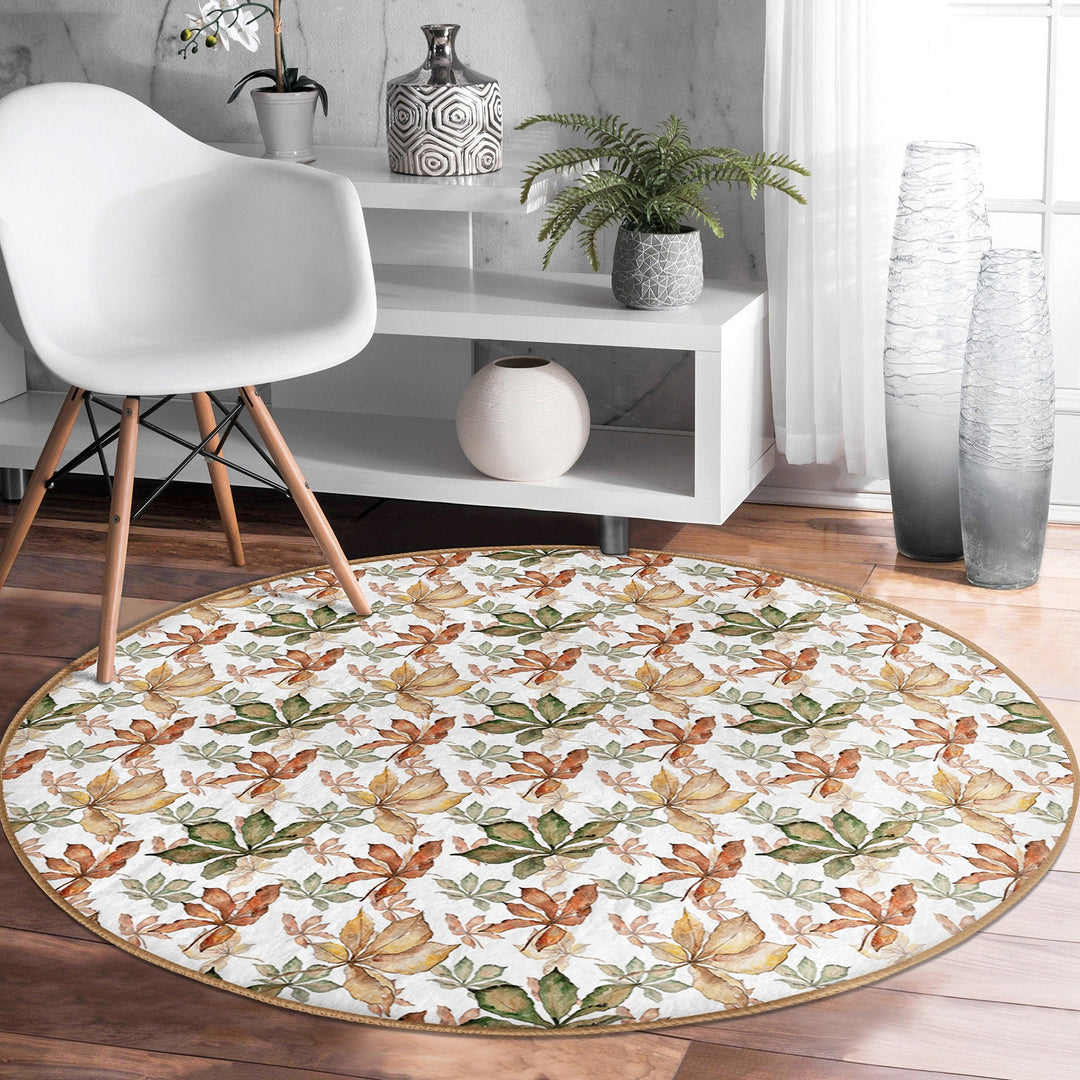 Fall Trend Round Rug|Non-Slip Round Carpet|Autumn Dry Leaves Print Circle Rug|Decorative Farmhouse Area Rug|Housewarming Autumn Floor Decor
