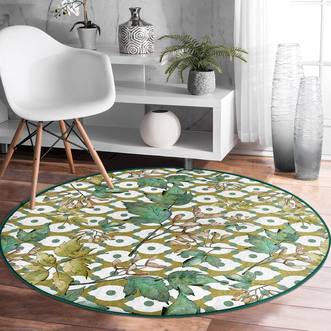 Fall Trend Round Rug|Non-Slip Round Carpet|Autumn Dry Leaves Print Circle Rug|Decorative Farmhouse Area Rug|Housewarming Autumn Floor Decor