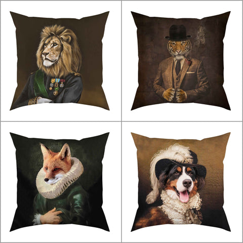 Royal Animal Pillow Cover|Frilly Lion, Tiger Cushion Case|Pet Costume Pillowcase|Fox and Dog Throw Pillow Cover|Animal Portrait Cushion Case