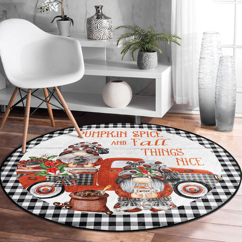 Fall Trend Round Rug|Non-Slip Round Carpet|Black White Checkered Fall Circle Rug|Decorative Floral Pumpkin Rug|Farmhouse Blessed Home Decor