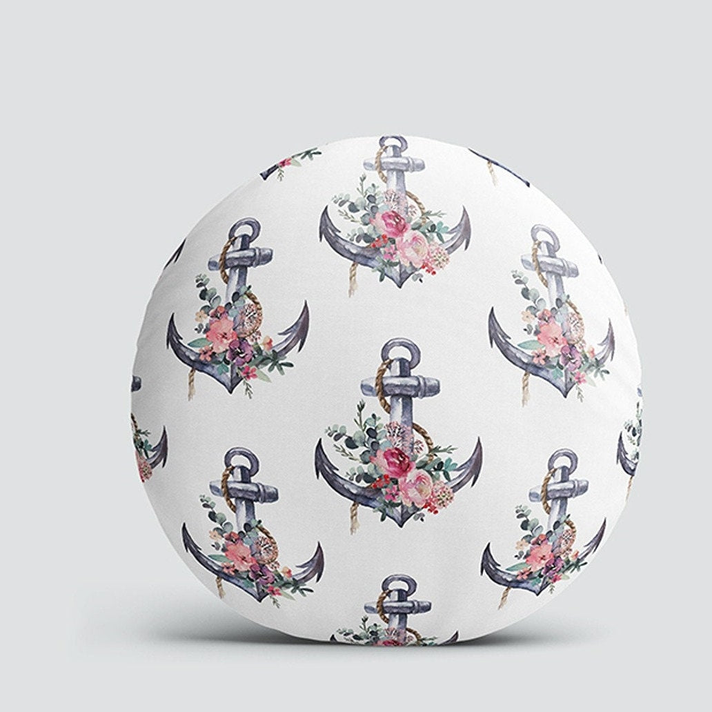 Set of 4 Nautical Round Pillow Case|Floral Anchor and Wheel Circle Pillow Top|Decorative Beach House Cushion|Flowers with Anchor Wheel Decor