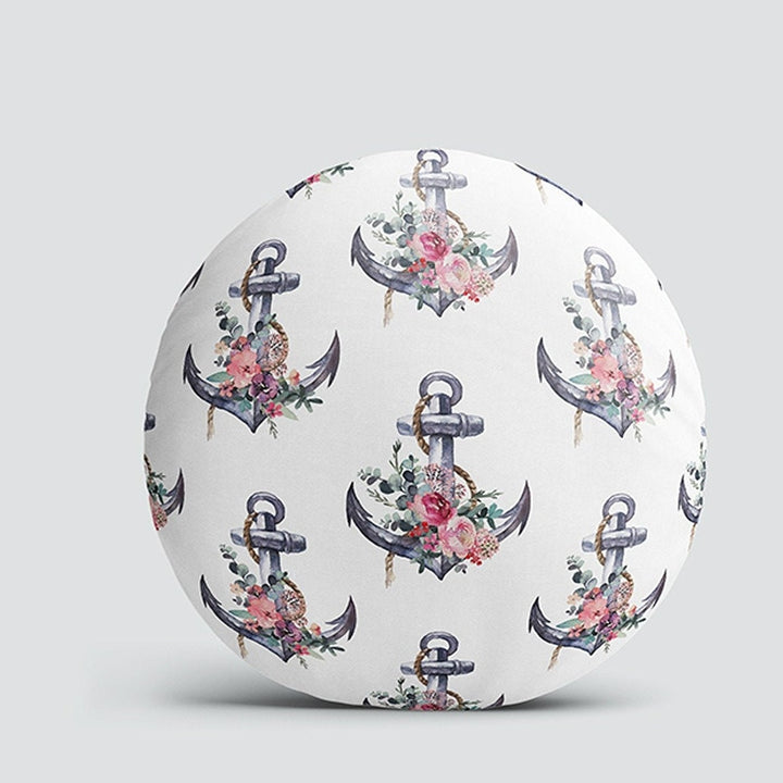 Set of 4 Nautical Round Pillow Case|Floral Anchor and Wheel Circle Pillow Top|Decorative Beach House Cushion|Flowers with Anchor Wheel Decor