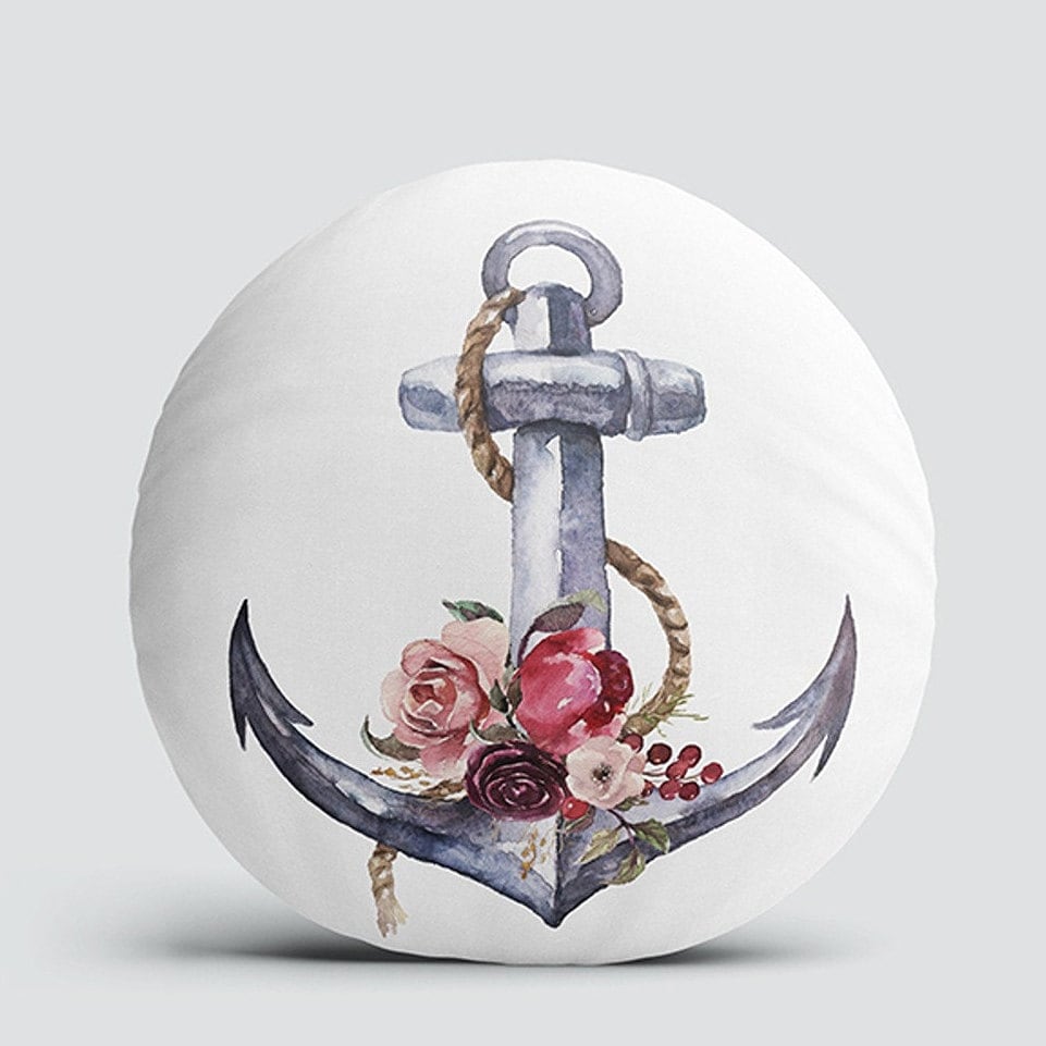 Set of 4 Nautical Round Pillow Case|Floral Anchor and Wheel Circle Pillow Top|Decorative Beach House Cushion|Flowers with Anchor Wheel Decor