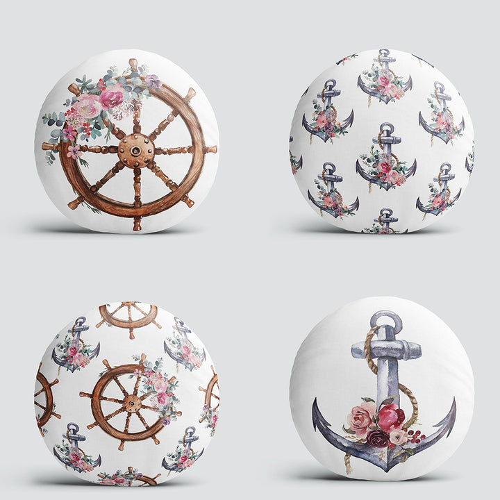 Set of 4 Nautical Round Pillow Case|Floral Anchor and Wheel Circle Pillow Top|Decorative Beach House Cushion|Flowers with Anchor Wheel Decor