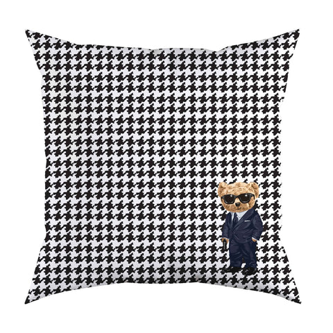 Cute Bear Pillow Cover|Frilly Black White Cute Bear Themed Cushion Case|Plaid Funny Animal Pillowcase|Cartoon Character Throw Pillow Cover
