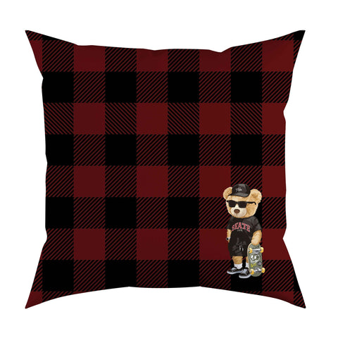 Cute Bear Pillow Cover|Frilly Skateboarder Cute Bear Themed Cushion Case|Plaid Funny Knight Pillowcase|Cartoon Character Throw Pillow Cover