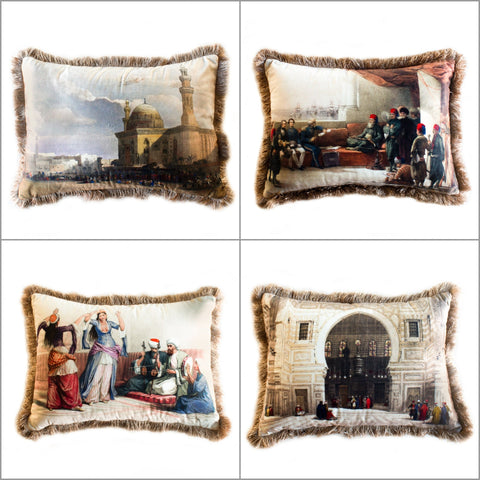 Ottoman Pillow Cover|Frilly Mosque Print Cushion Case|Decorative Authentic Ottoman Palace Pillowcase|Music Chapter Painting Lumbar Pillow