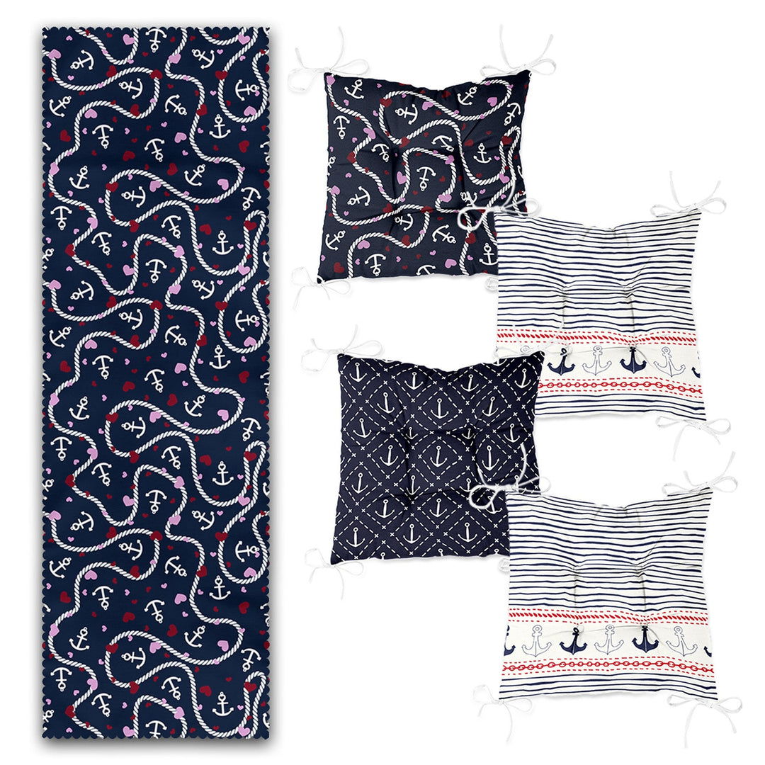 Set of 4 Puffy Chair Pads and 1 Table Runner|Anchor and Sailor Rope Print Chair Cushion and Tabletop Set|Navy Marine Seat Pad and Tablecloth