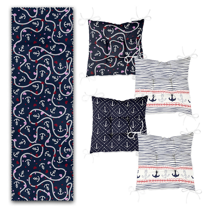 Set of 4 Puffy Chair Pads and 1 Table Runner|Anchor and Sailor Rope Print Chair Cushion and Tabletop Set|Navy Marine Seat Pad and Tablecloth