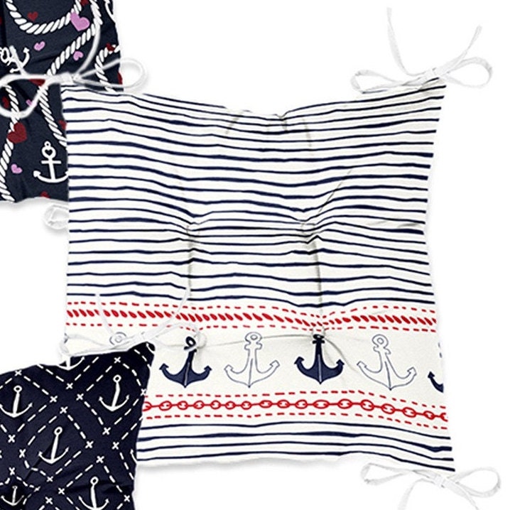 Set of 4 Puffy Chair Pads and 1 Table Runner|Anchor and Sailor Rope Print Chair Cushion and Tabletop Set|Navy Marine Seat Pad and Tablecloth