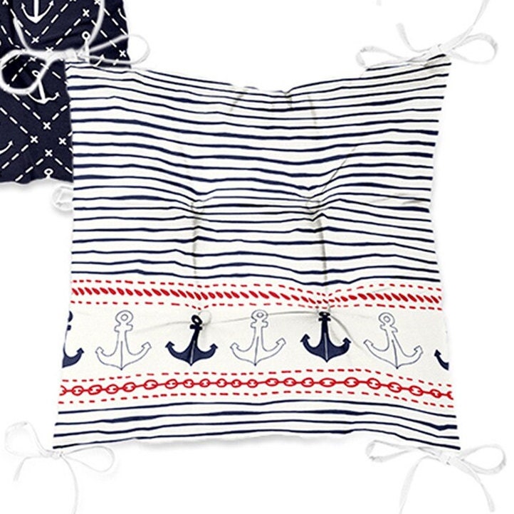 Set of 4 Puffy Chair Pads and 1 Table Runner|Anchor and Sailor Rope Print Chair Cushion and Tabletop Set|Navy Marine Seat Pad and Tablecloth