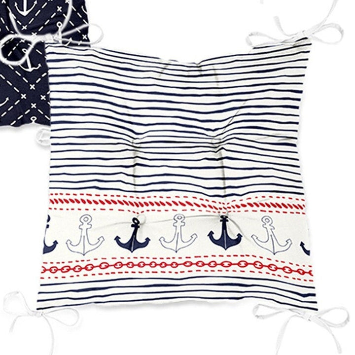 Set of 4 Puffy Chair Pads and 1 Table Runner|Anchor and Sailor Rope Print Chair Cushion and Tabletop Set|Navy Marine Seat Pad and Tablecloth
