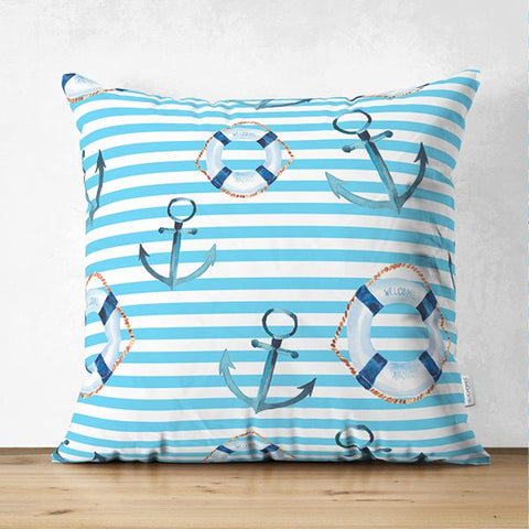 Nautical Pillow Cover|Summer Trend Anchor Print Cushion Case|Striped Floral Anchor Life Saver Throw Pillowtop|Decorative Beach House Cushion