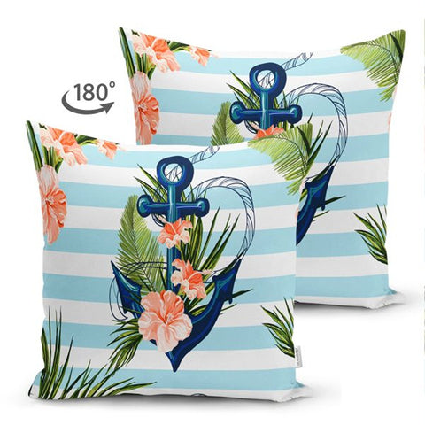 Nautical Pillow Cover|Summer Trend Anchor Print Cushion Case|Striped Floral Anchor Life Saver Throw Pillowtop|Decorative Beach House Cushion