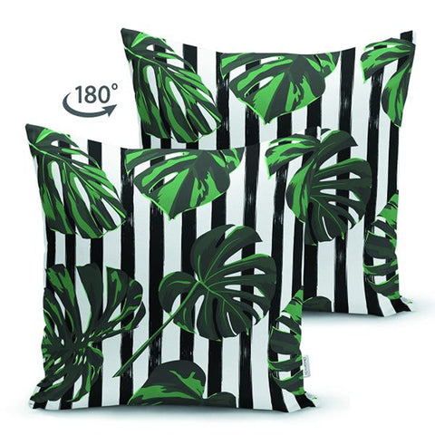 Tropical Plants Pillow Cover|Striped Green Leaves Cushion Case|Floral Cushion Cover|Decorative Pillowtop|Green and Black Summer Trend Decor