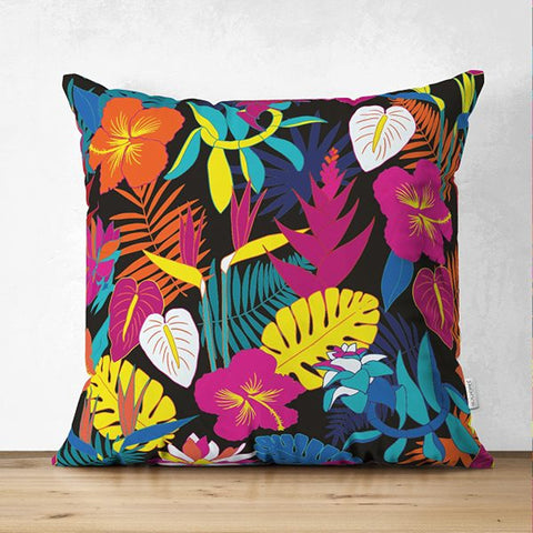 Tropical Plants Pillow Cover|Colorful Leaves Cushion Case|Floral Cushion Cover|Decorative Pillowtop|Vibrant Color Flowers Summer Trend Decor