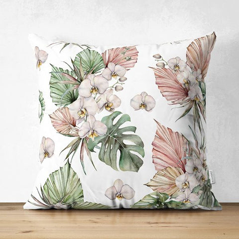 Tropical Plants Pillow Cover|Green Leaves with Pink Flowers Cushion Case|Floral Cushion Cover|Decorative Boho Pillowtop|Tropical Home Decor