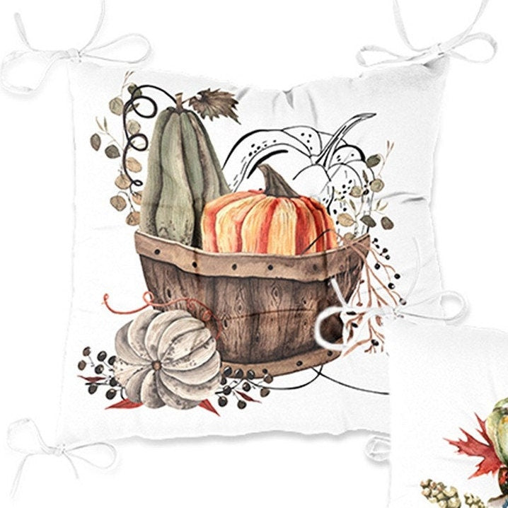 Set of 4 Puffy Chair Pads and 1 Table Runner|Fall Trend Chair Cushion and Tabletop Set|Orange Green Gray Pumpkin Seat Pad and Tablecloth