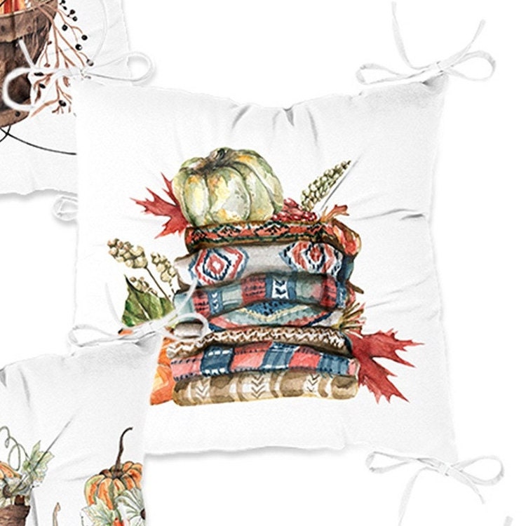 Set of 4 Puffy Chair Pads and 1 Table Runner|Fall Trend Chair Cushion and Tabletop Set|Orange Green Gray Pumpkin Seat Pad and Tablecloth