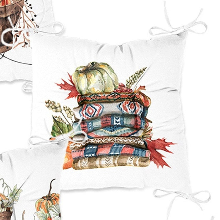 Set of 4 Puffy Chair Pads and 1 Table Runner|Fall Trend Chair Cushion and Tabletop Set|Orange Green Gray Pumpkin Seat Pad and Tablecloth