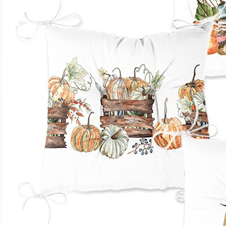 Set of 4 Puffy Chair Pads and 1 Table Runner|Fall Trend Chair Cushion and Tabletop Set|Orange Green Gray Pumpkin Seat Pad and Tablecloth