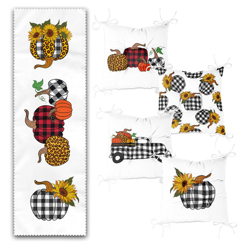 Set of 4 Puffy Chair Pads and 1 Table Runner|Checkered Pumpkin with Sunflower Seat Pad and Tablecloth|Fall Trend Chair Cushion Tabletop Set