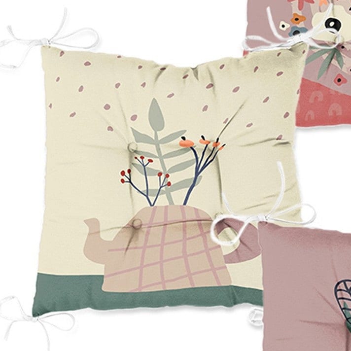 Set of 4 Puffy Chair Pads and 1 Table Runner|Abstract Floral Chair Cushion and Tabletop Set|Flowers with Pots Print Seat Pad and Tablecloth