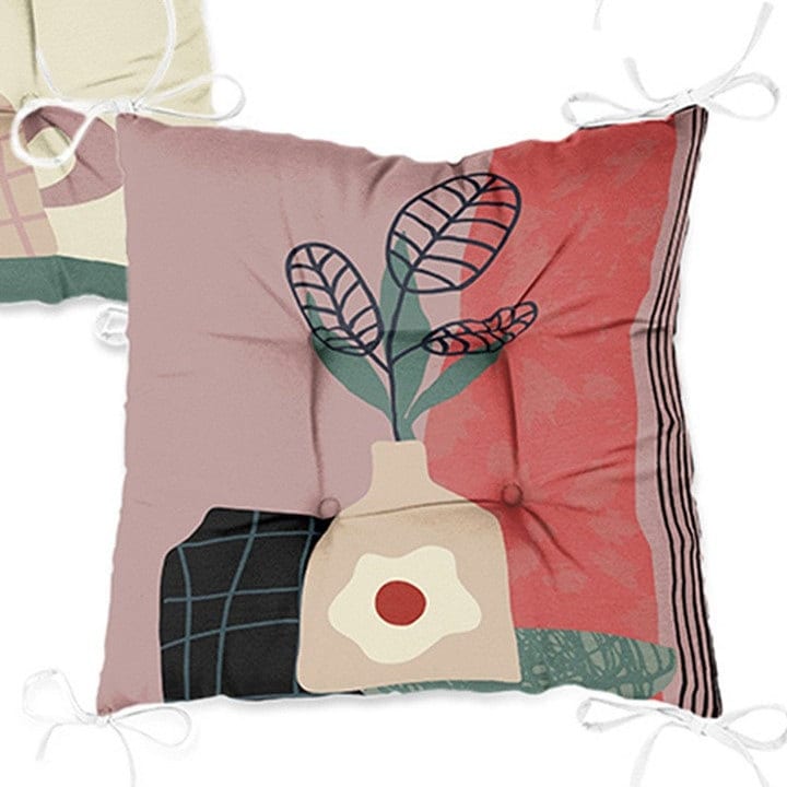 Set of 4 Puffy Chair Pads and 1 Table Runner|Abstract Floral Chair Cushion and Tabletop Set|Flowers with Pots Print Seat Pad and Tablecloth