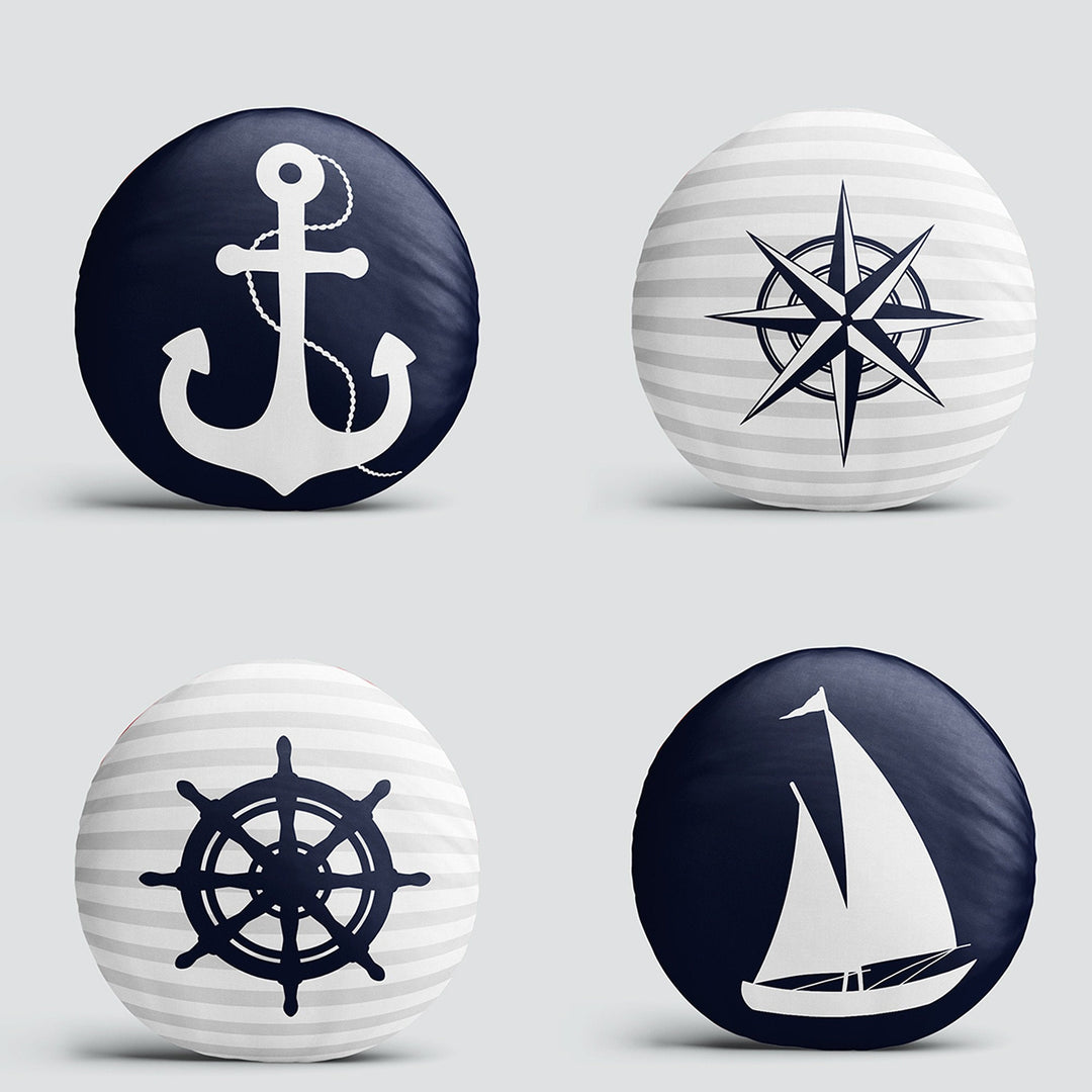 Set of 4 Nautical Round Pillow Case|Navy Blue Anchor Compass Wheel Boat Circle Pillowtop|Decorative Beach House Cushion|Round Cushion Cover