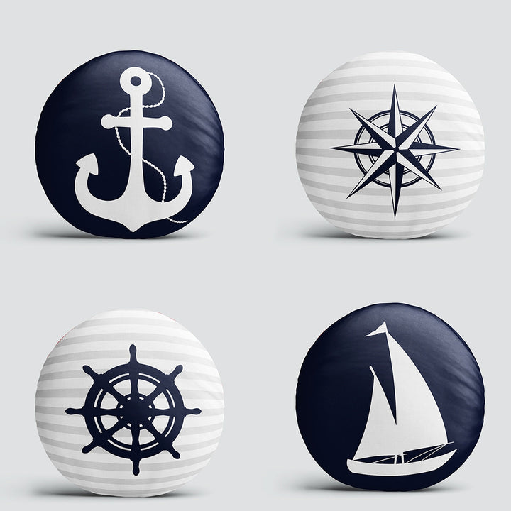 Set of 4 Nautical Round Pillow Case|Navy Blue Anchor Compass Wheel Boat Circle Pillowtop|Decorative Beach House Cushion|Round Cushion Cover