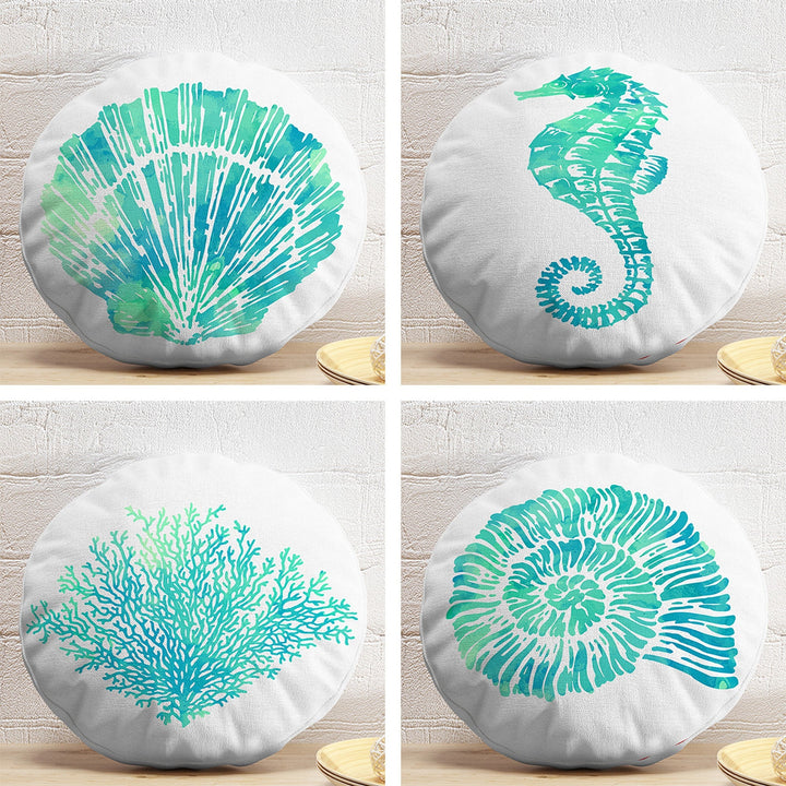 Set of 4 Nautical Round Pillow Case|Turquoise Oyster Seahorse Coral Seashell Circle Pillow Cover|Decorative Beach House Round Cushion Cover