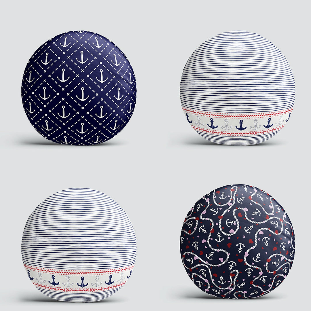 Set of 4 Nautical Round Pillow Case|Anchor and Sailor Rope Circle Pillow|Decorative Beach House Cushion|Striped Navy Marine Coastal Decor