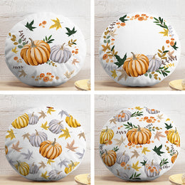 Set of 4 Fall Trend Round Pillow Case|Floral Pumpkin Print Circle Pillow Top|Decorative Autumn Cushion Cover|Orange Gray Pumpkin Home Decor