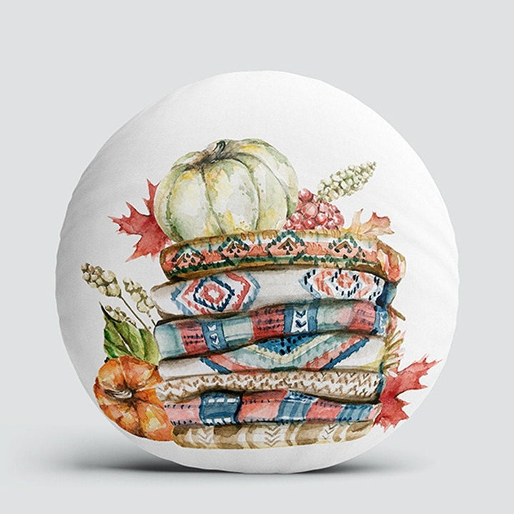 Set of 4 Fall Trend Round Pillow Case|Pumpkin Print Circle Pillow Top|Decorative Autumn Cushion Cover|Orange Green Pumpkin with Leaves Decor