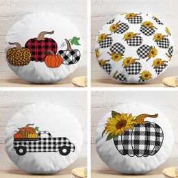 Set of 4 Fall Trend Round Pillow Case|Checkered Pumpkin Circle Pillow Top|Sunflower Autumn Cushion Cover|Pumpkin Truck Outdoor Cushion Case