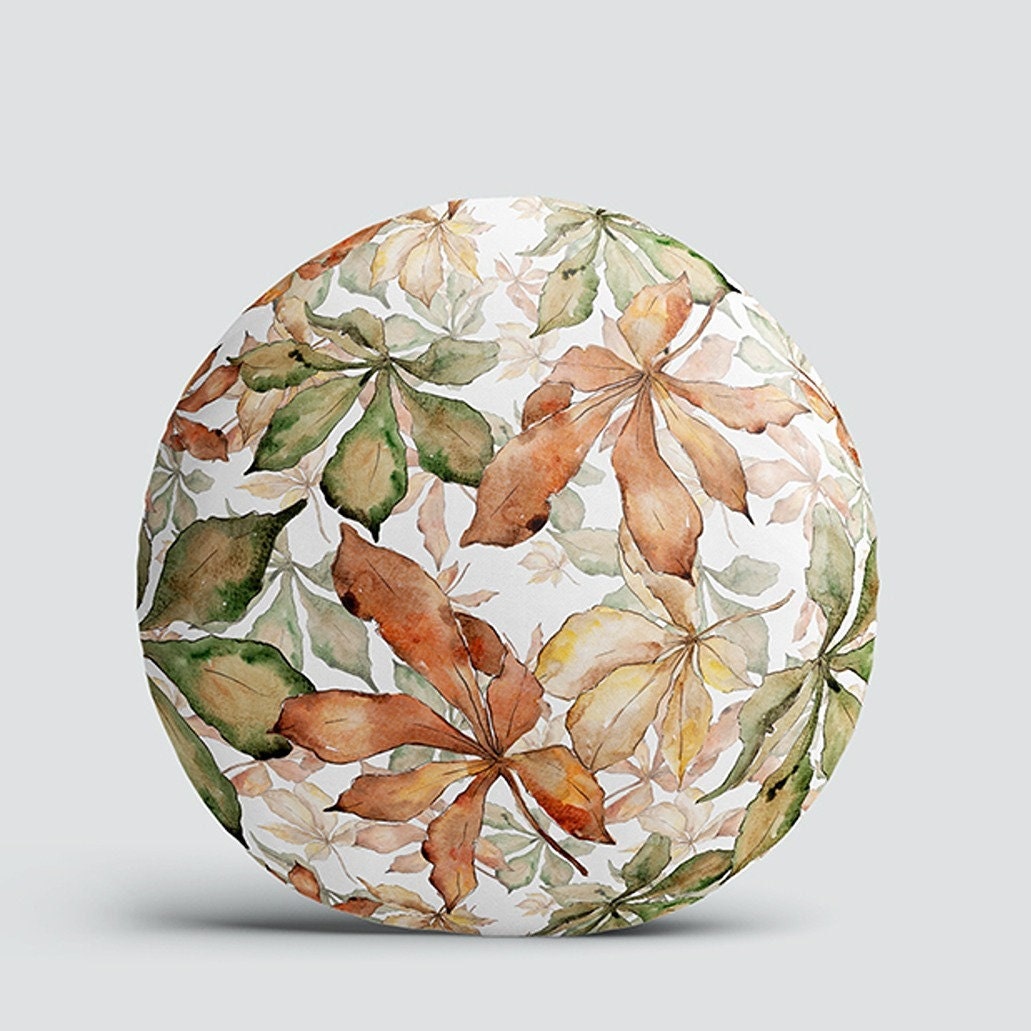 Set of 4 Fall Trend Round Pillow Case|Dry Leaves Print Circle Pillowtop|Decorative Autumn Cushion Cover|Brown Green Leaf Round Pillowcase