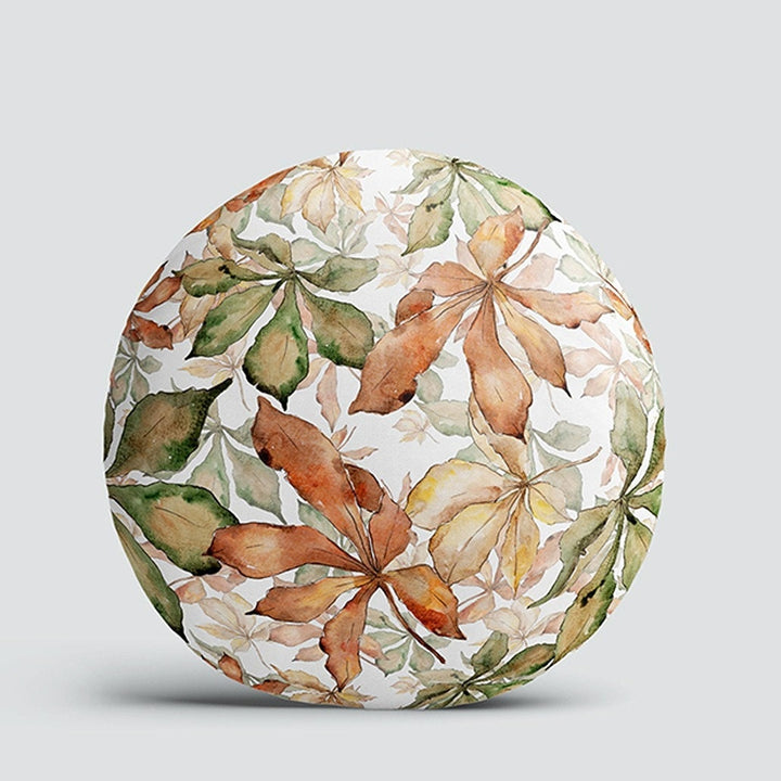 Set of 4 Fall Trend Round Pillow Case|Dry Leaves Print Circle Pillowtop|Decorative Autumn Cushion Cover|Brown Green Leaf Round Pillowcase